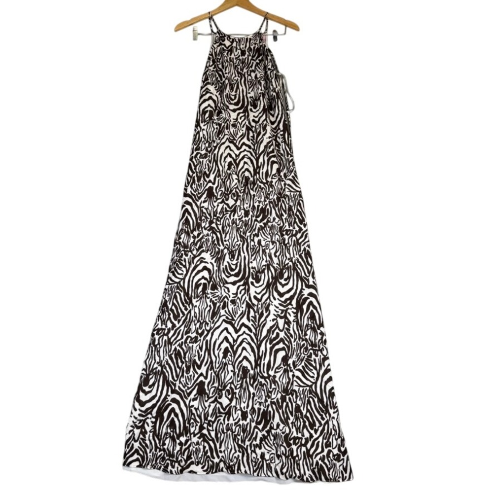 Lilly Pulitzer Zebra Print Maxi Dress Brown White Halter V-Back Linen Small